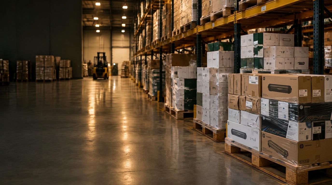 Pallets of printer consumables in a professional warehouse